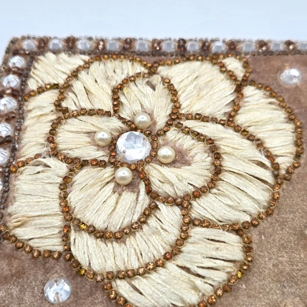 Velvet Floral Embroidered Jewelry Box with Rhinestones Beads Sequins Design